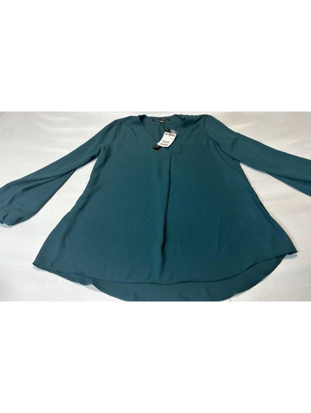 NWT Rose & Olive XS Teal V-Neck Blouse Long Sleeve Tunic Top Split Neck